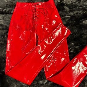 TOXIC VISION RED VINYL LACE UP BULLET PANTS SIZE S